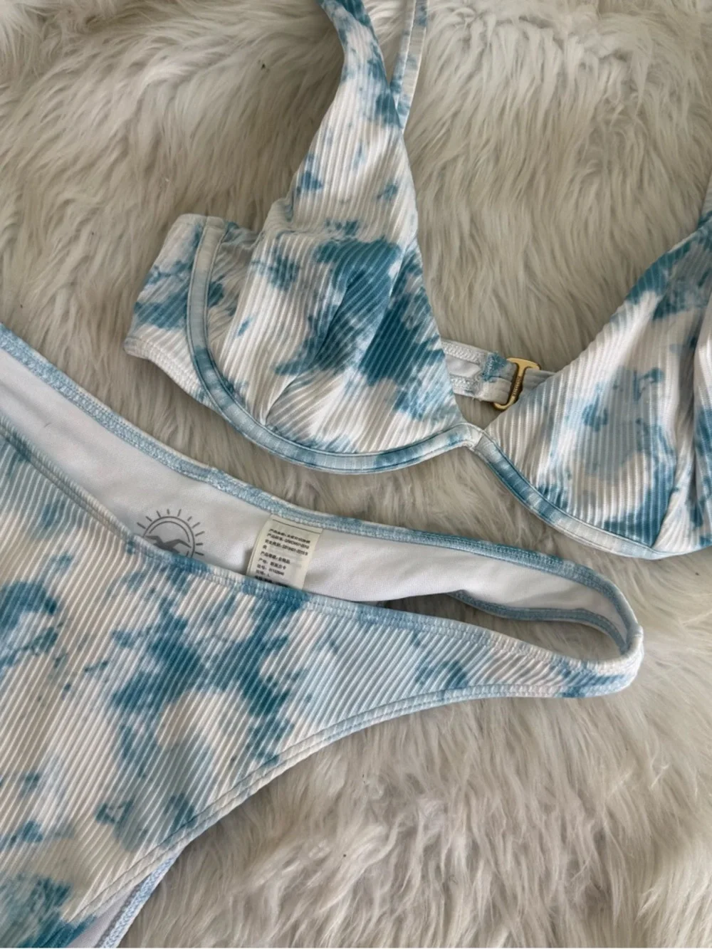 Hollister Blue Tie Dye Ribbed Bikini Set Top Medium Cheeky Bottom Large Swim